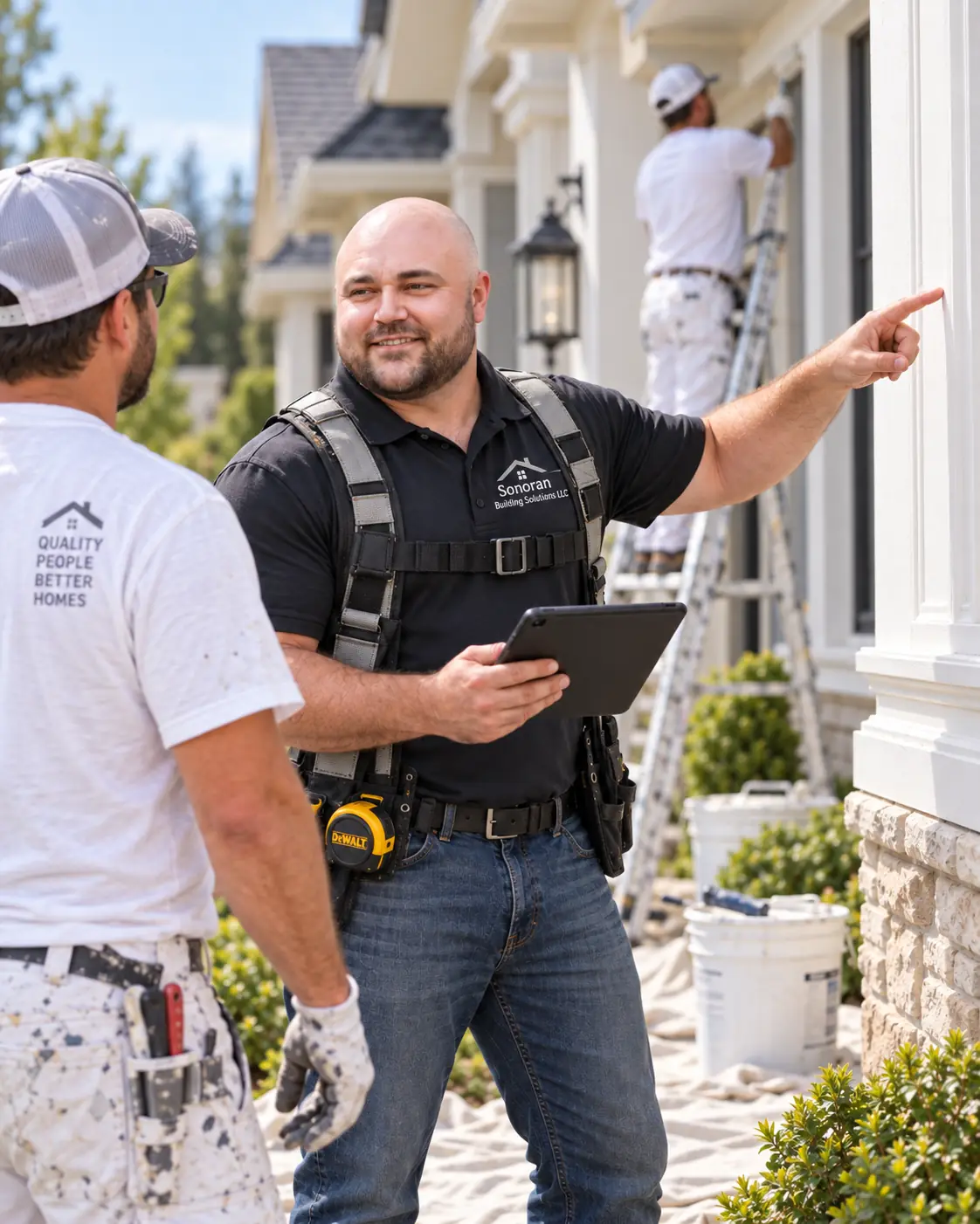 Sonoran Building Solutions crew lead walking a home exterior with the crew
